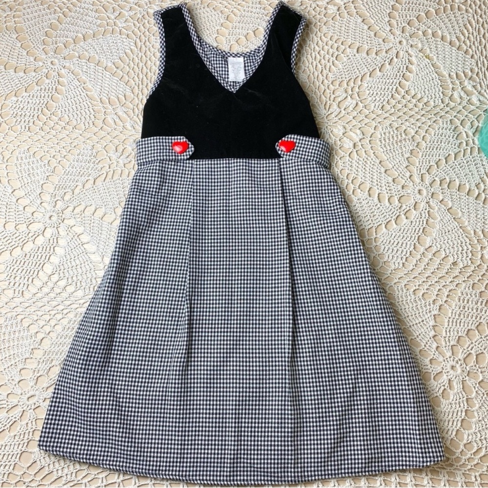 Vintage 1990s Youngland Girls 12 Black Gingham Heart Button Jumper Dress